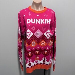 Dunkin' Donuts Winter Holiday Christmas Pink Orange Ugly Sweater Large Present